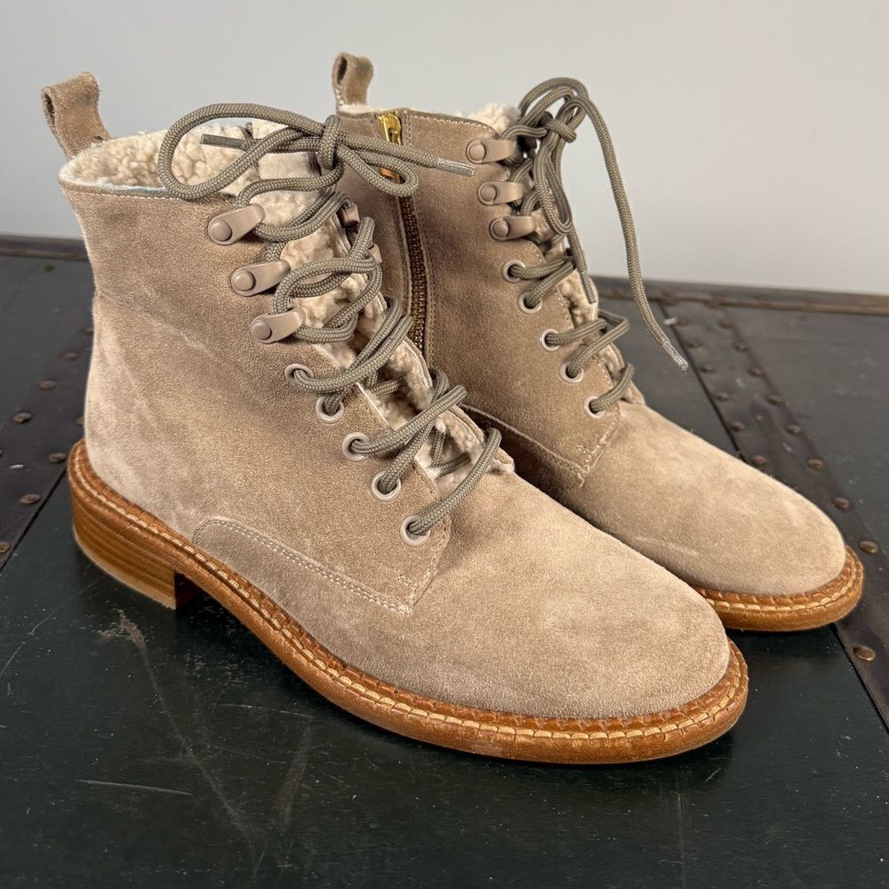 Vince Brown Tan Suede Shearling Cabria 3 Lace Up Combat Boots Size 5 US